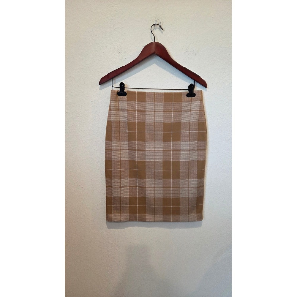 Ann Taylor Factory Plaid Pencil Skirt Women's Size S Camel White Sheath